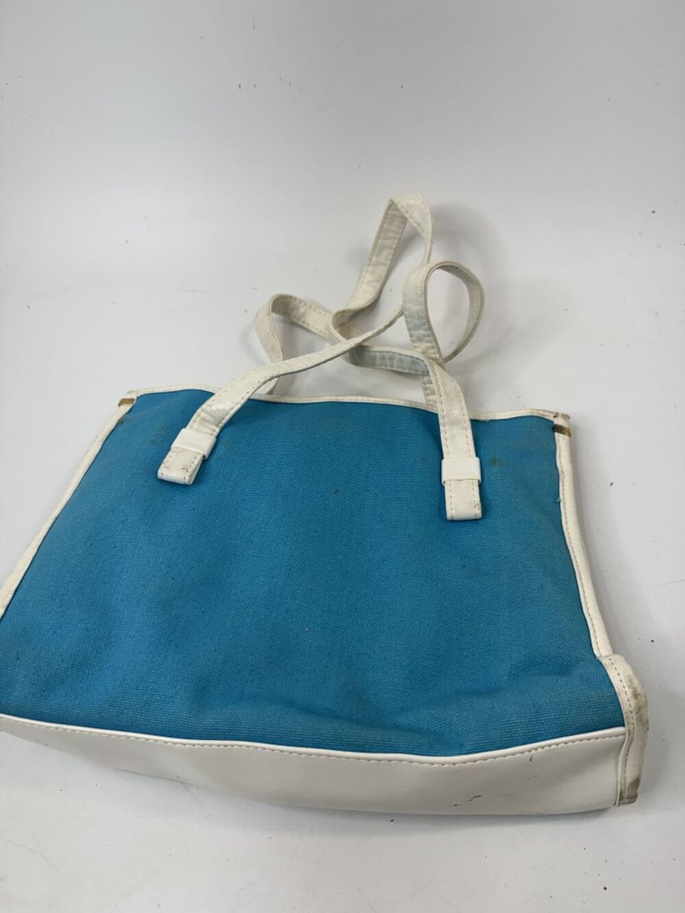 Vintage Blue & White Canvas Tote Bag‎ With Faux Leather Trim